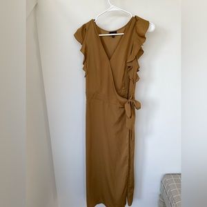 Who What Wear Gold/Brown Satin Wrap Dress With Butterfly sleeves